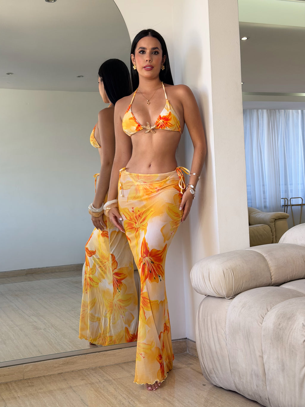 Traje de Baño de Tres Piezas Amarillo/Naranja
