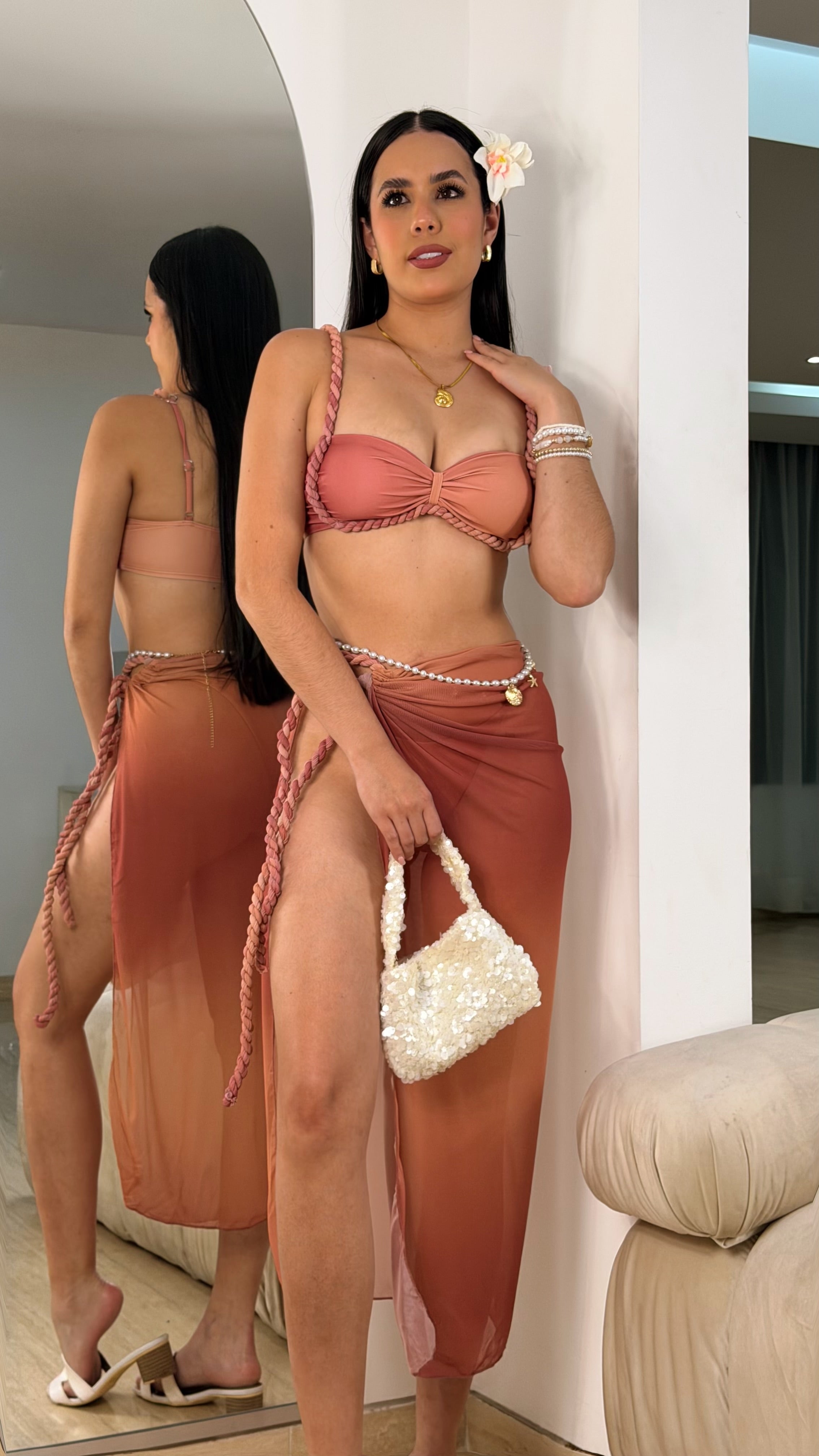 Traje de Baño de Tres Piezas Rosado Degradé