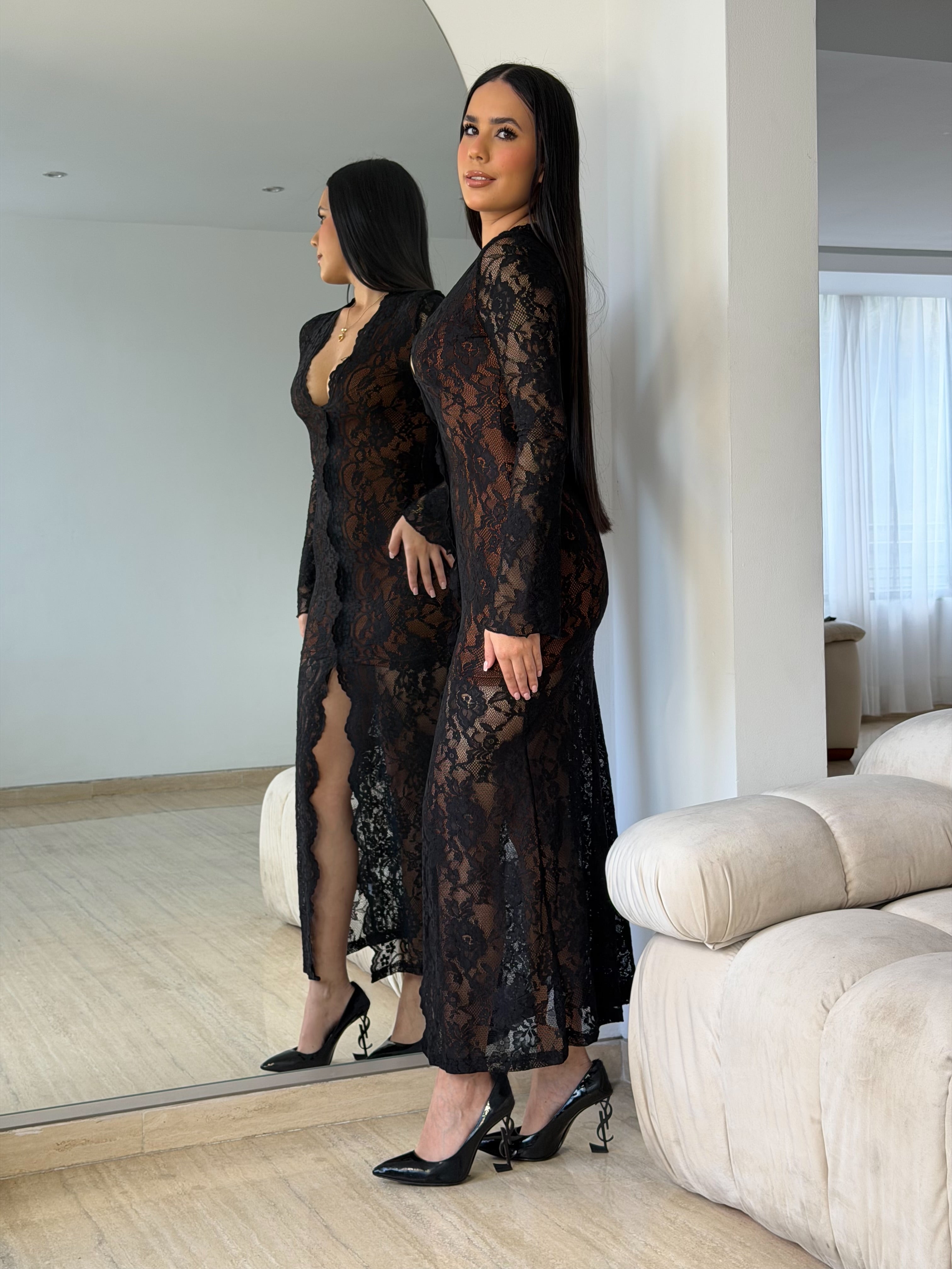 Vestido Largo Formal Con Encaje Negro