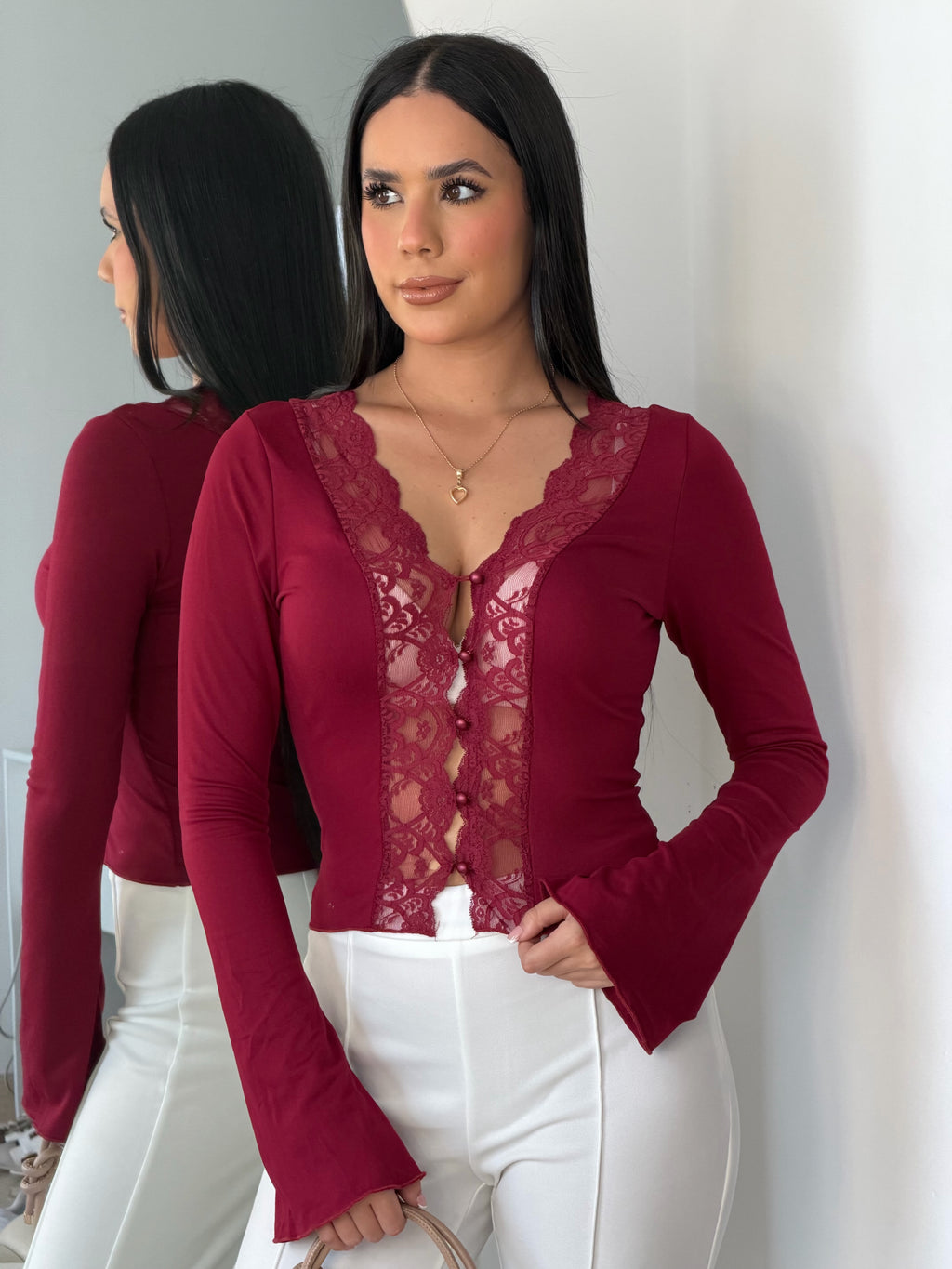 Top Manga Larga con Encaje Color Vino