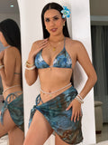 Traje de Baño de Tres Piezas Azul Estampado