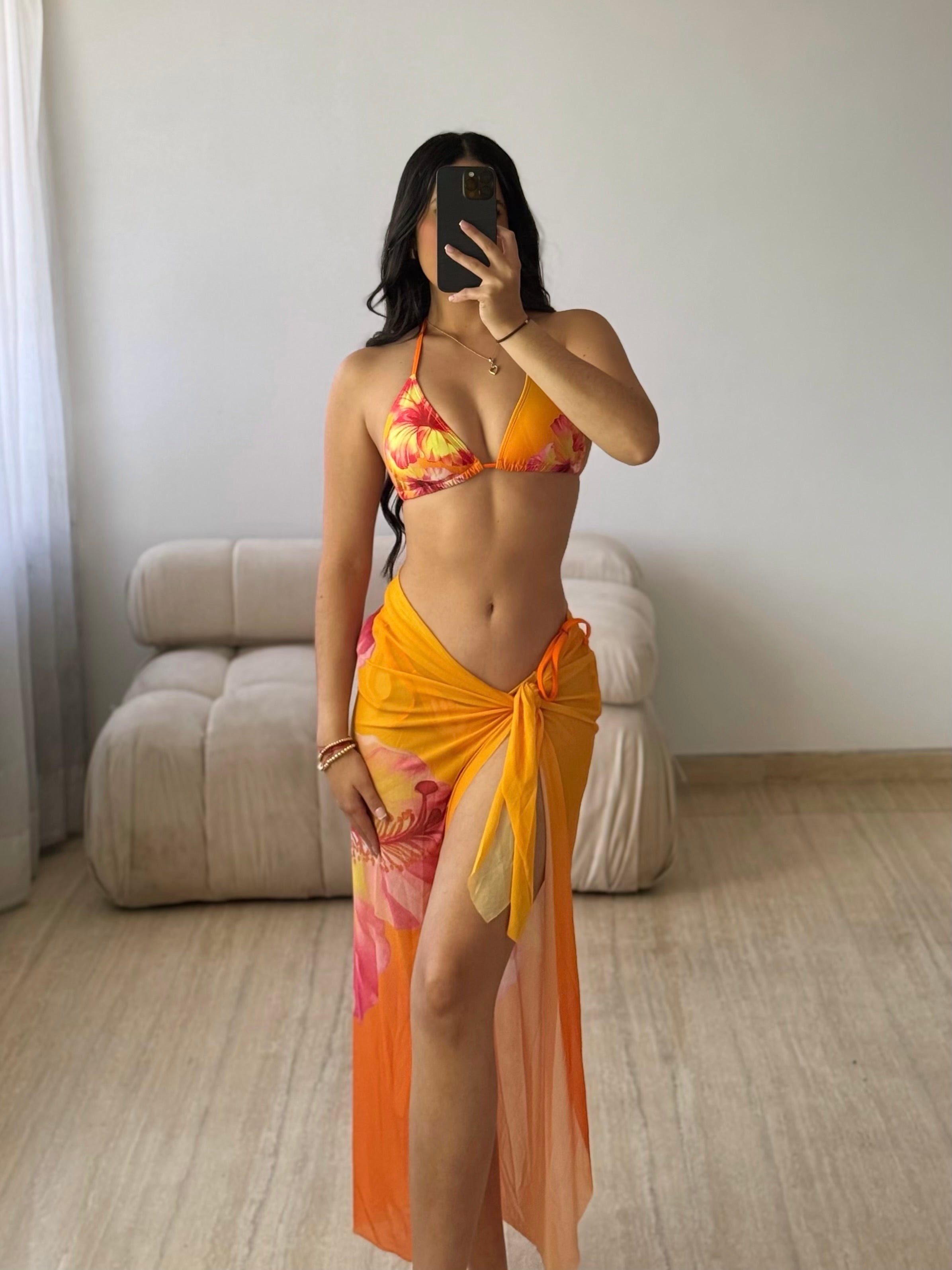 Traje de baño de Tres Piezas Naranja