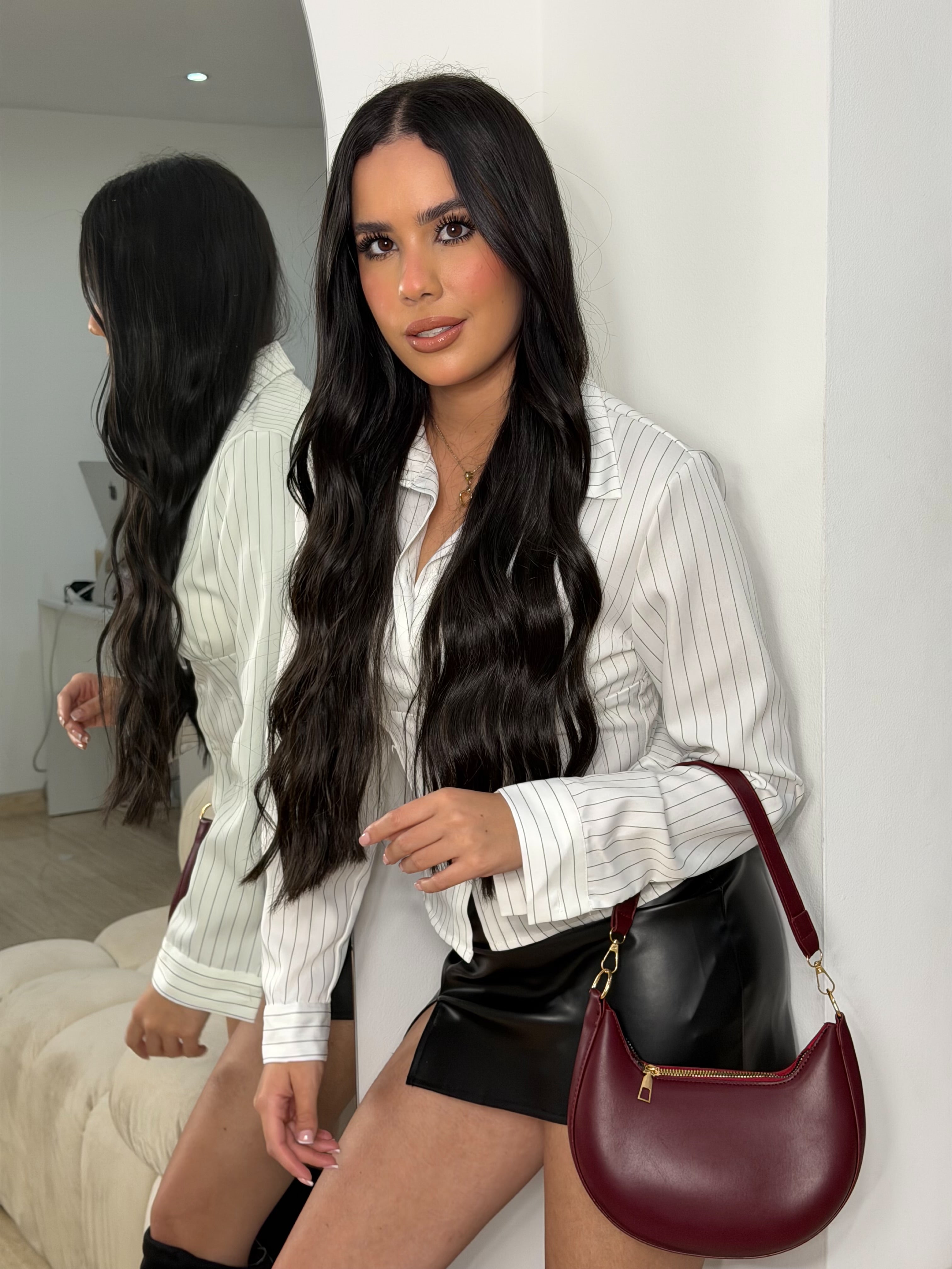 Camisa Manga Larga de Vestir Blanca con Rayas Negras