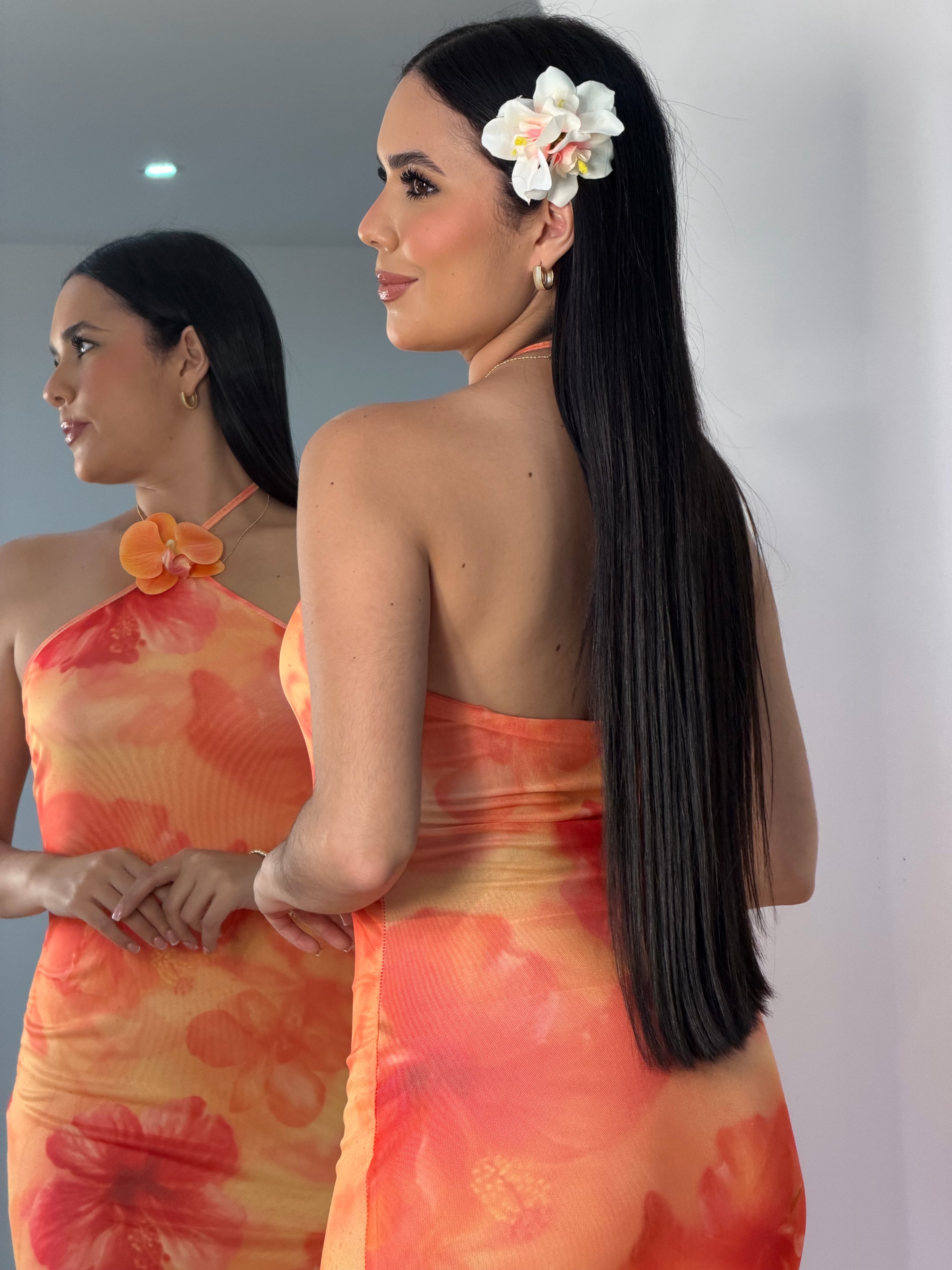 Vestido Largo de Flores Naranjas