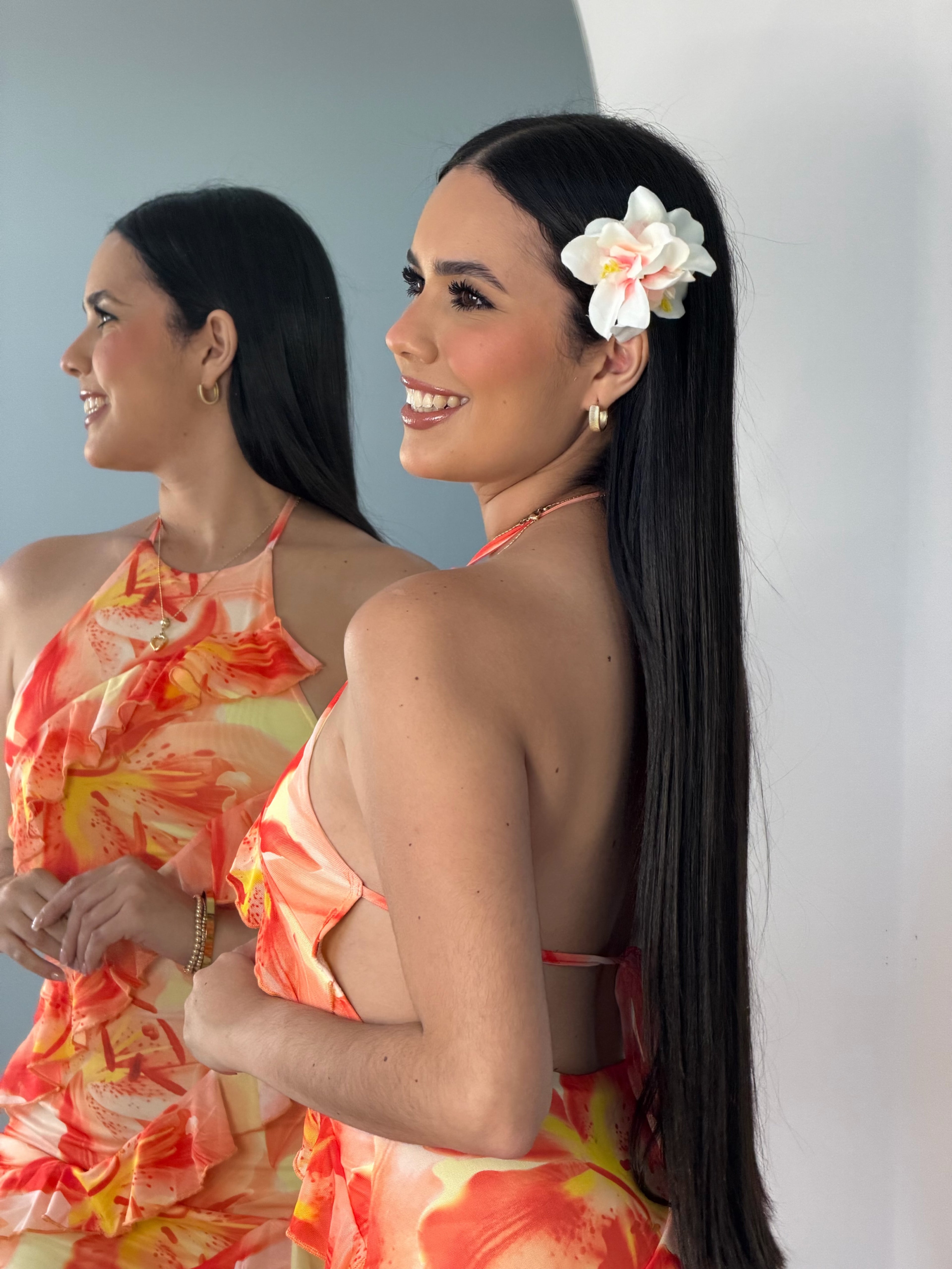 Vestido Corto de Flores Naranja