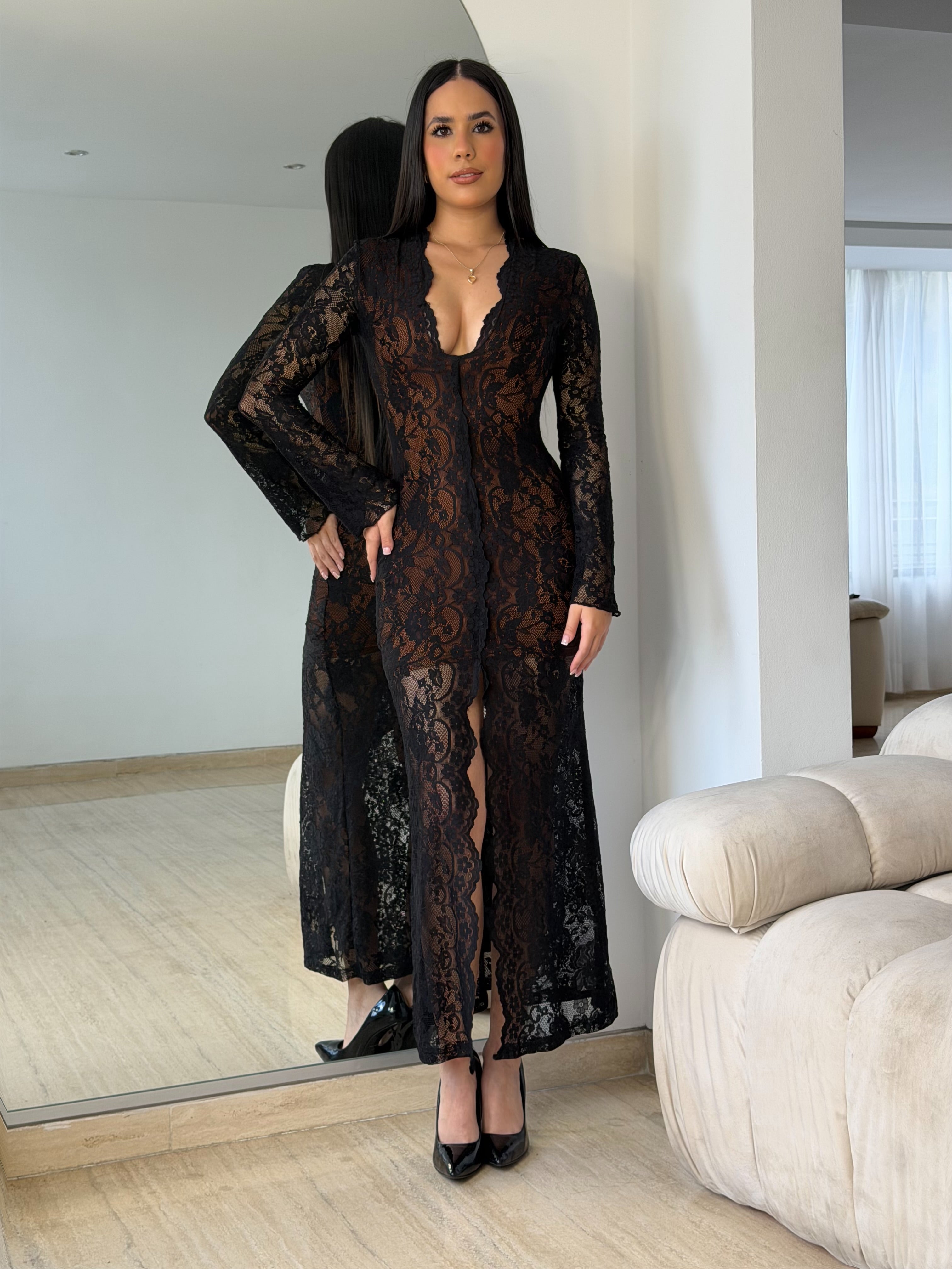 Vestido Largo Formal Con Encaje Negro