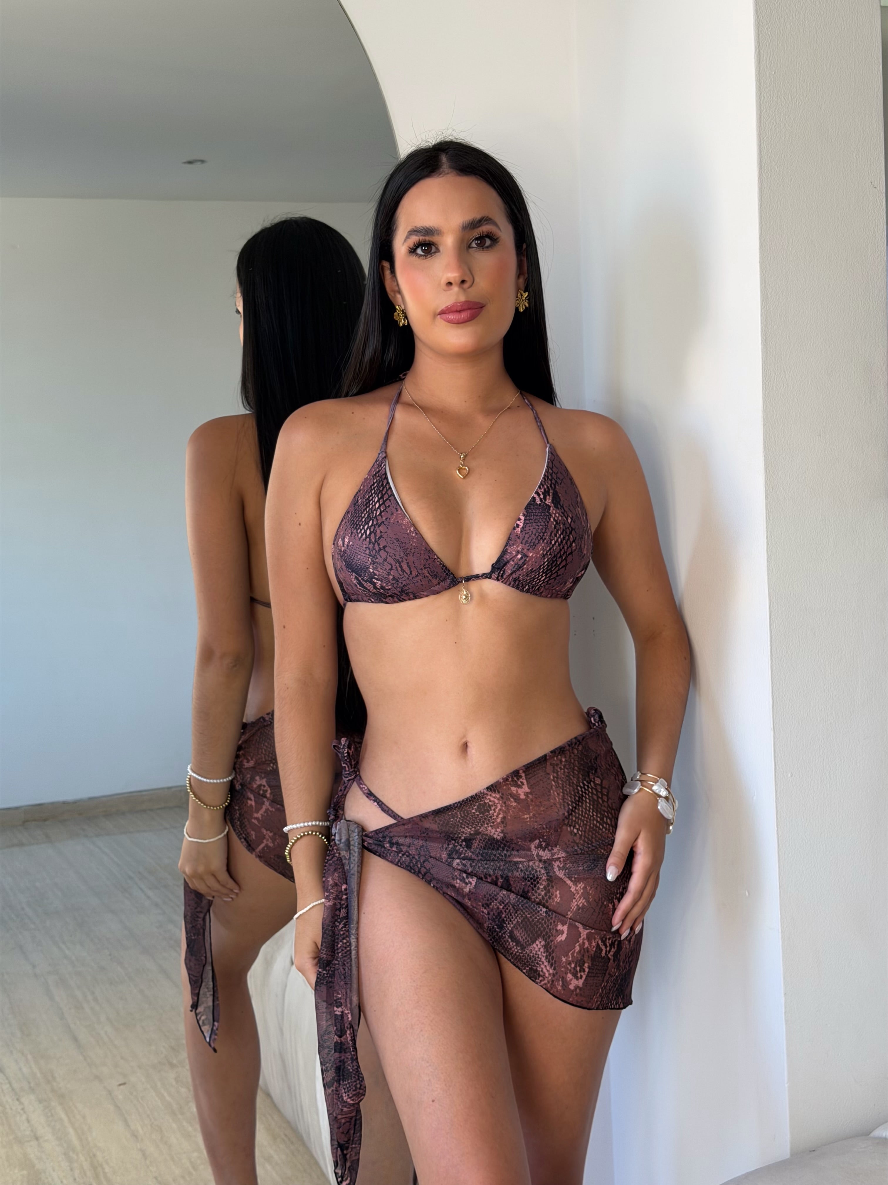 Traje de Baño de Tres Piezas Estampado Serpiente