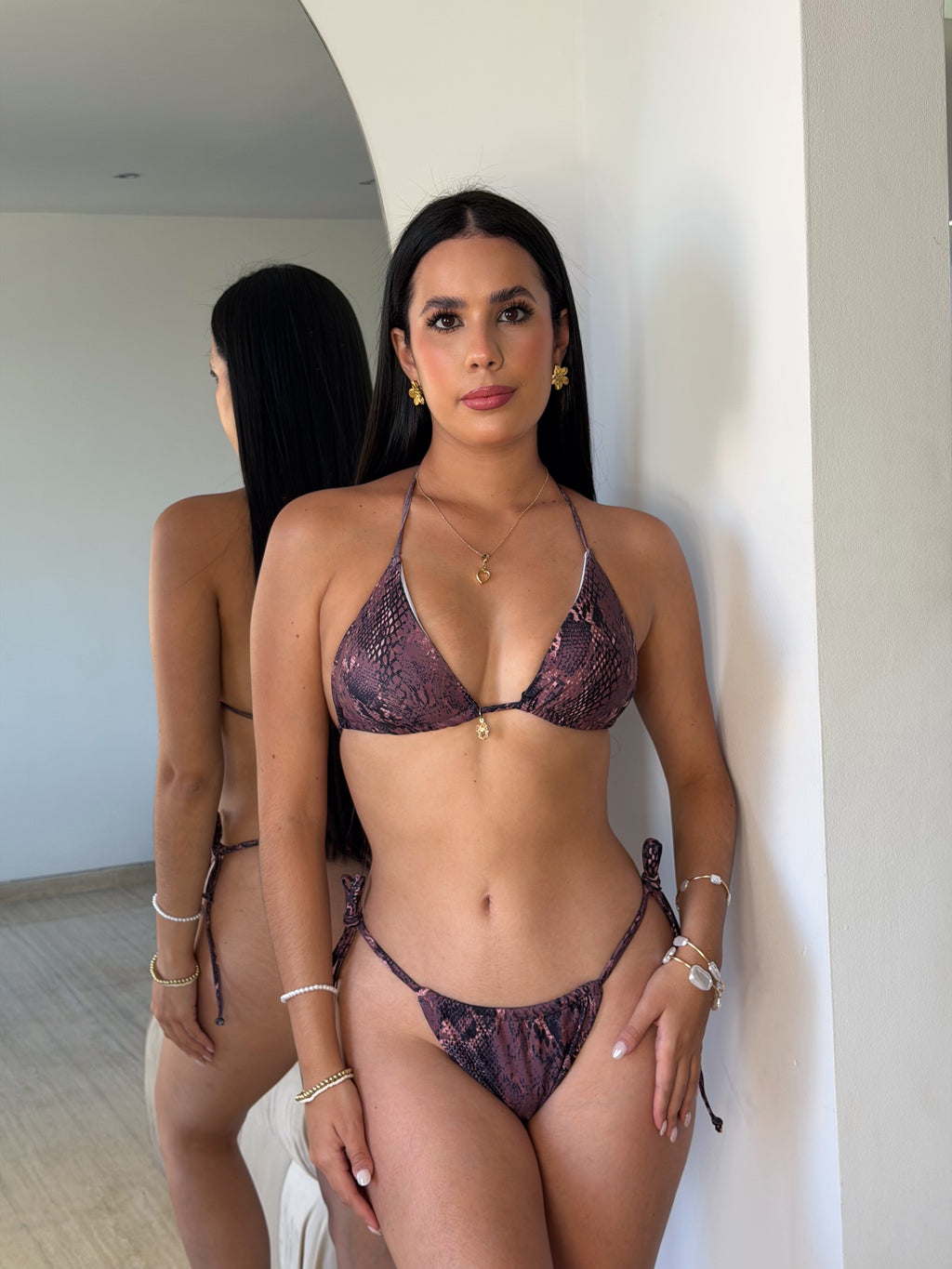 Traje de Baño de Tres Piezas Estampado Serpiente