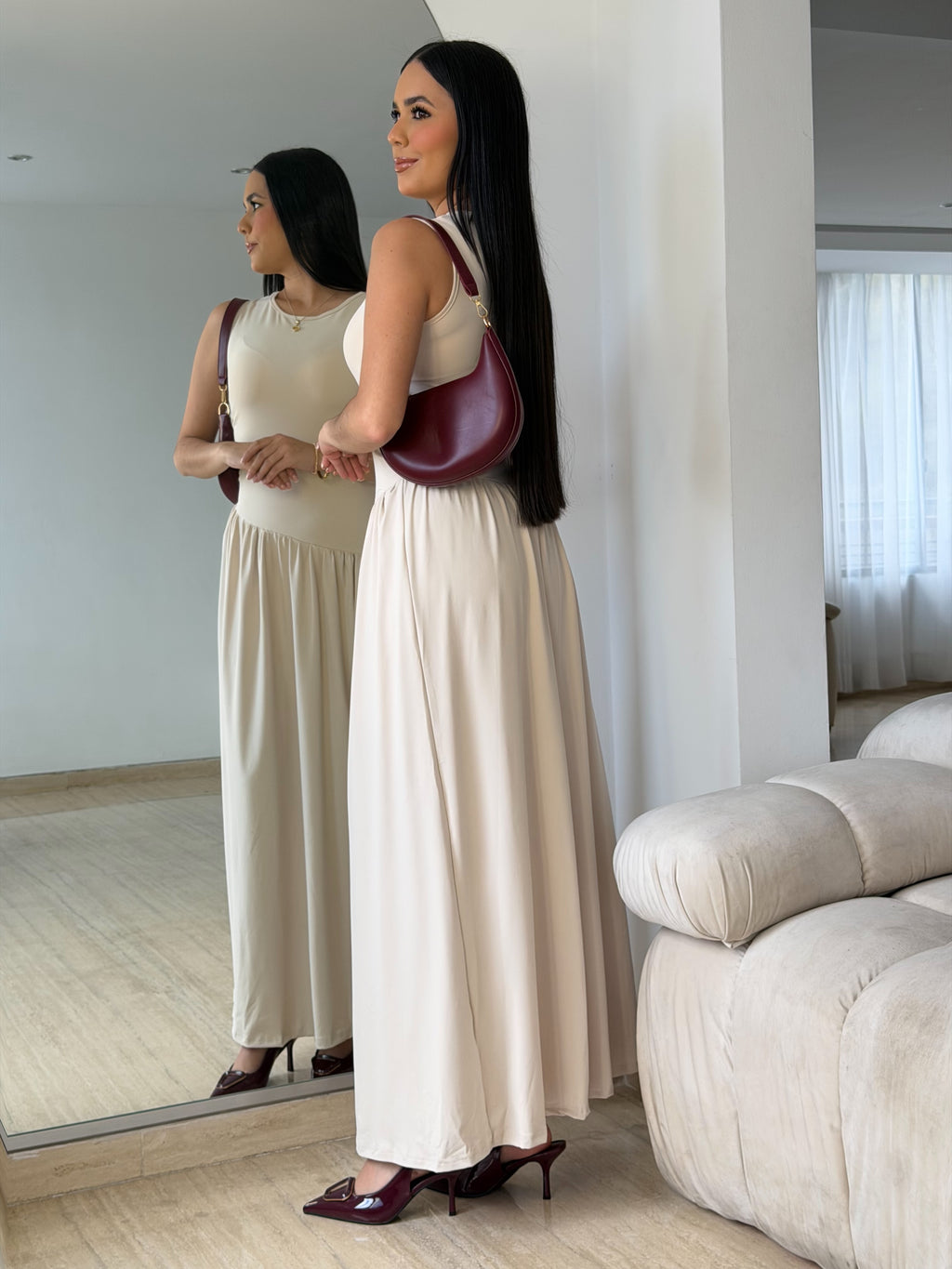 Vestido Coctel Largo Beige